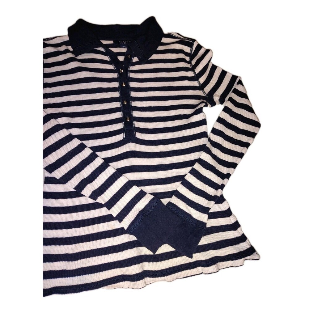Chaps Est. 1978 Navy Blue & White Striped Waffle Knit Thermal Henley Shirt -... - Picture 7 of 11